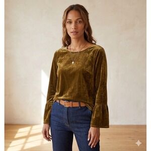 Habitat Velvet Scoop Neck Shirt Blouse Flutter Sleeves Gold Small Fairy Grunge